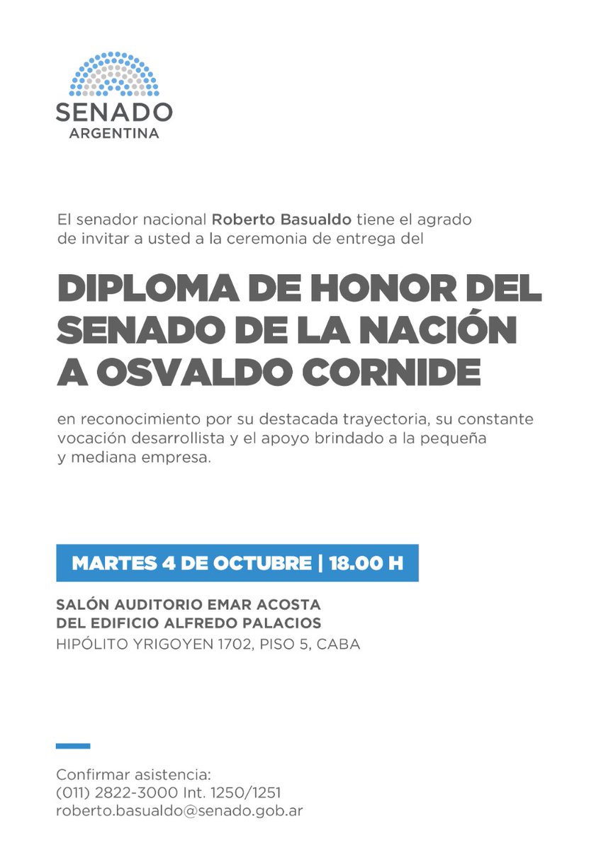 Agradezco el reconocimiento que me hará el Senado de la Nación Argentina el próximo 4 de Octubre al las 18 horas.