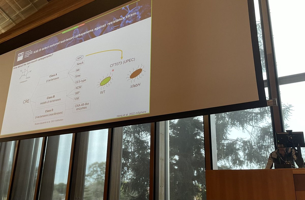 QUT_CIIC's tweet photo. Dr Yaoqin Hong #CIIC is excited to share his new work #Bacpath16 on discovering a novel antimicrobial strategy. Targeting the initiation step of fatty acid biosynthesis restores the sensitivity of multi-drug resistant pathogens to otherwise ineffective antibiotics https://t.co/fKRJeNhAwi