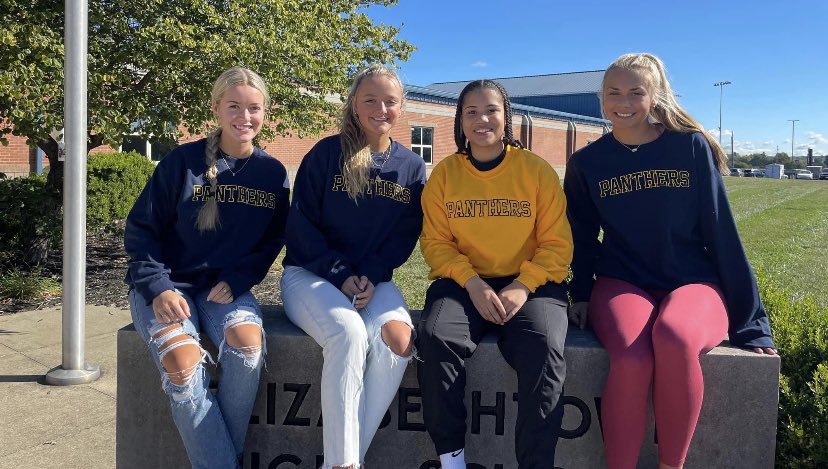 ehsladypanthers's tweet photo. Our seniors model our new Panther sweatshirts!  

We’re taking orders until Oct 7,so that they can be ready for Christmas.

Sweatshirts are crewneck, with gold/navy embroidery.

Adult sizes available in Navy and Gold

Youth sizes in Navy only

Cost is $38 ($40 for XXL &amp; bigger). https://t.co/evObpS38j9