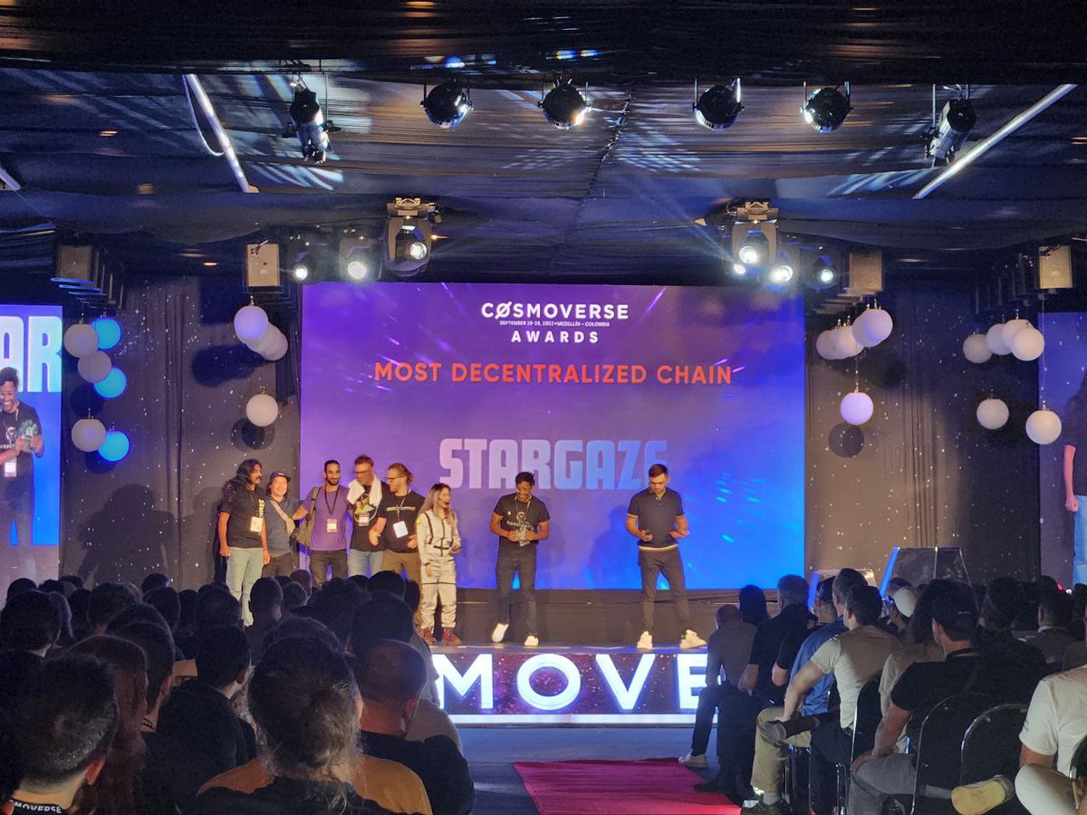 StargazeZone's tweet photo. We are officially the MOST DECENTRALIZED CHAIN 🎉 
#Stargaze is deeply honored to receive such award @CosmoverseHQ! 
$STARS https://t.co/fMZmsOiQ6K