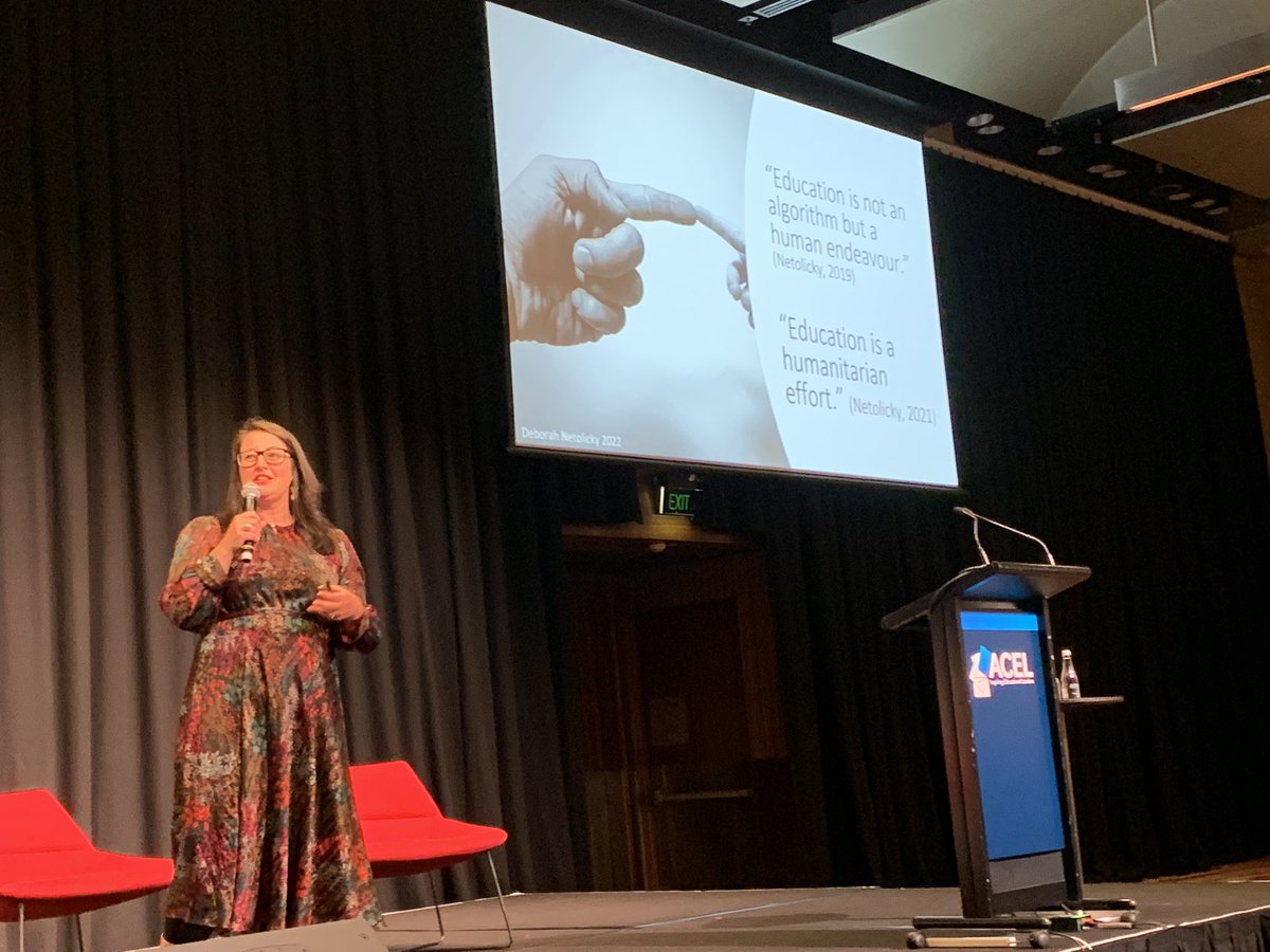 MathildaJoubert's tweet photo. When you have something to say, like Deborah Netolicky does, it’s okay to quote yourself on stage. “Education is not an algorithm but a human endeavour.” @debsnet #NC22 #ACEL @acelaustralia https://t.co/9HzwZPckGO