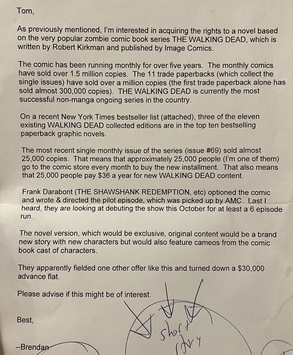 BrendanDeneen's tweet photo. Just found the letter I sent my boss in 2010, pitching the idea of ⁦@TheWalkingDead⁩ prose novels. We ended up getting the rights, before the show came out, and we did 8 books, several NY Times bestsellers. Written by ⁦@JayBonansinga⁩ and plotted by Jay and Kirkman.🧟‍♂️ https://t.co/TLv18d66Zz