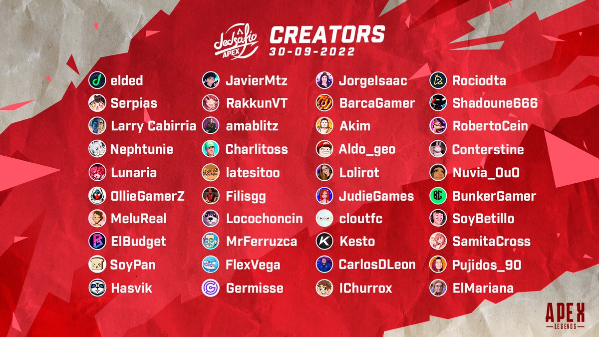 dedsafio's tweet photo. ¡¡Estos son los participantes que se enfrentarán en el #DEDsafioApex!! 💥

¡Nos vemos el Viernes 30 de Septiembre! 📅

6 PM Hora 🇲🇽 https://t.co/iZ5b2IPnv8