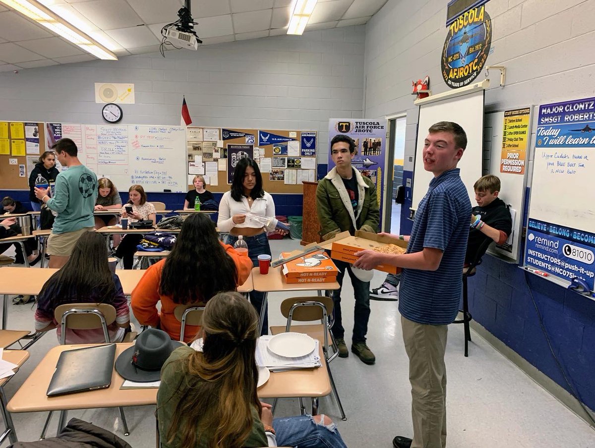 THSAirpower's tweet photo. Our Drill Team was given a surprise pizza party for their outstanding hard work and efforts the past month. Hard work and dedication will bring home great results! #NC075 #tuscolaafjrotc https://t.co/u3I6m26ZZq
