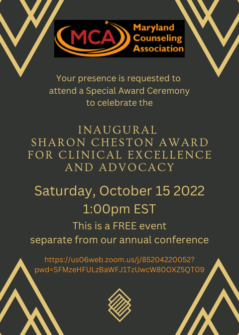 md_counseling's tweet photo. MCA is proud to announce this inaugural award to Dr. Sharon Cheston!  Please join us! https://t.co/MU2us3XFkt