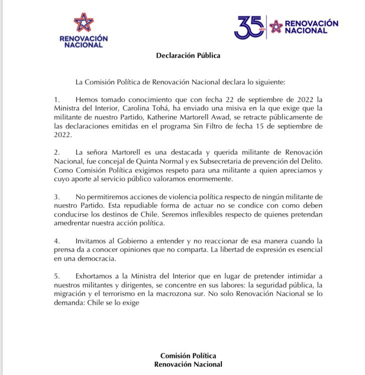 🔴DECLARACIÓN PÚBLICA:
La Comisión Política de RN condena la acciones de violencia política por parte de la ministra del interior, Carolina Tohá, hacia nuestra militante <a href="/katymartorell/">Katy Martorell Awad</a>: “Seremos inflexibles con aquellos que pretendan amedrentar nuestra acción política”