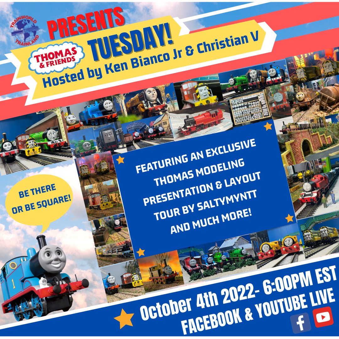 Hey Thomas Fans! It is that time again! We are excited to announce our next Thomas Tuesday event, featuring an exclusive Thomas modeling presentation and layout tour by <a href="/saltymyntt/">Saltymyntt</a>, and much more! LIVE on Facebook (TrainWorld) &amp; YouTube (TrainWorldTV) 10/4/22 At 6PM EDT