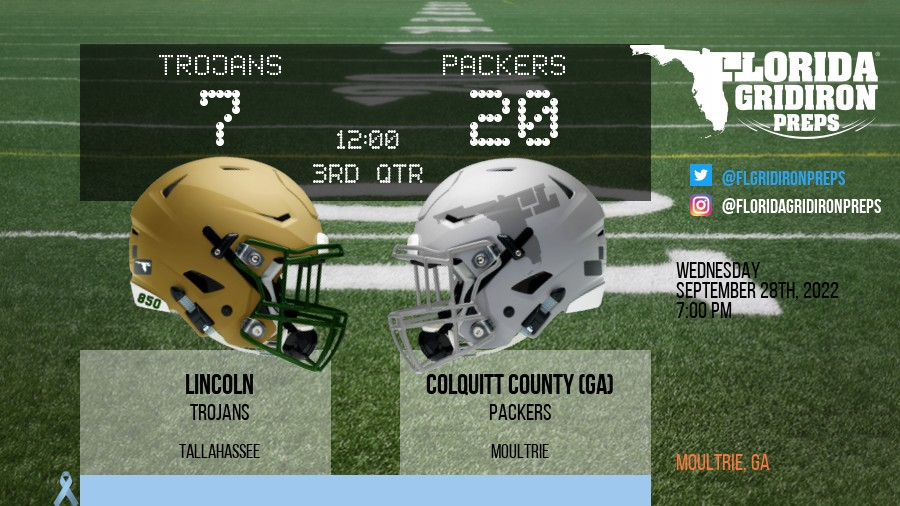 WEDNESDAY NIGHT HIGH SCHOOL FOOTBALL Colquitt County (GA) Packers 20 Tallahassee Lincoln Trojans 7 START 3RD QTR floridagridironpreps.com/game/39422 #FLgridiron via @jackgwilliams @Linc_TrojansFB @LHSTrojanNation @CCPackersFball