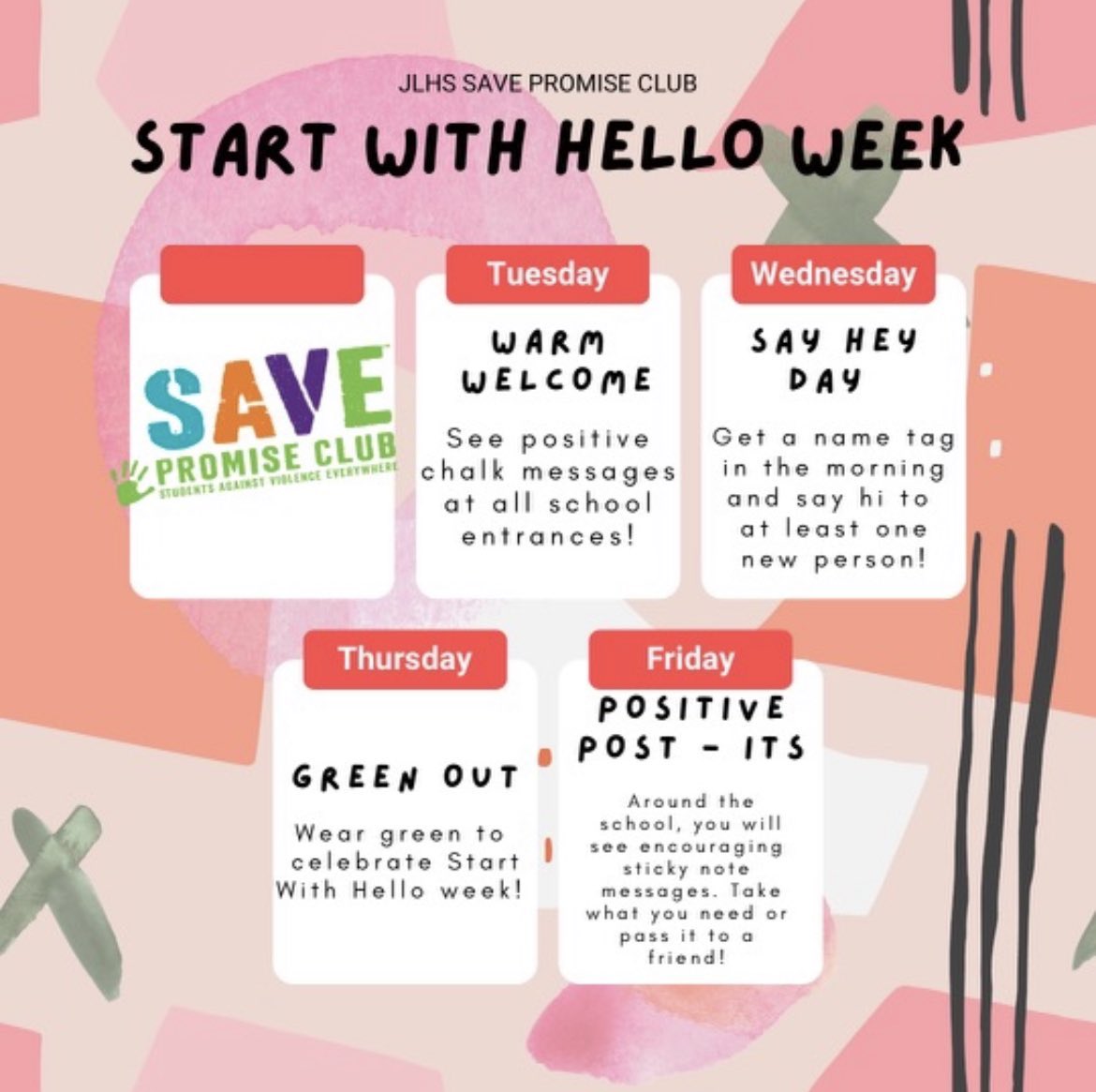 Don’t forget to wear green tomorrow as part of Start With Hello Week to support Mental Health Awareness and Suicide Prevention! #StartWithHello #SAVEPromise #GreenOut