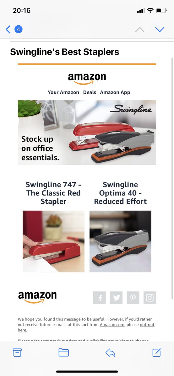so_gabby's tweet photo. Thanks for the suggestion Amazon, I would argue these are not @swingline best staplers. I basically have a PHD in stapler engineering from the amount of times I’ve had to un-jam “classic red” https://t.co/MmsjUKCR0t