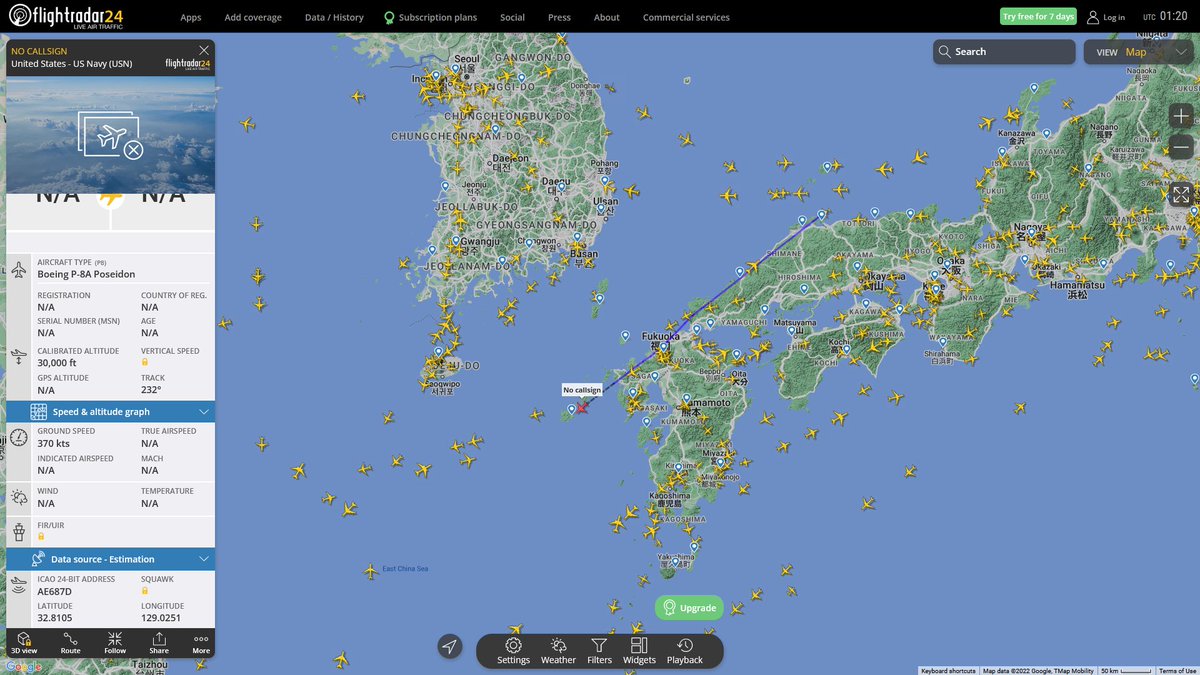 AIYeyENGDdJkjTr's tweet photo. Sept. 29, 2022
#Misawa Air Base #East China sea
#NoCALLSIGN #AE687D USN P-8A Poseidon https://t.co/ECjqa6tDAI