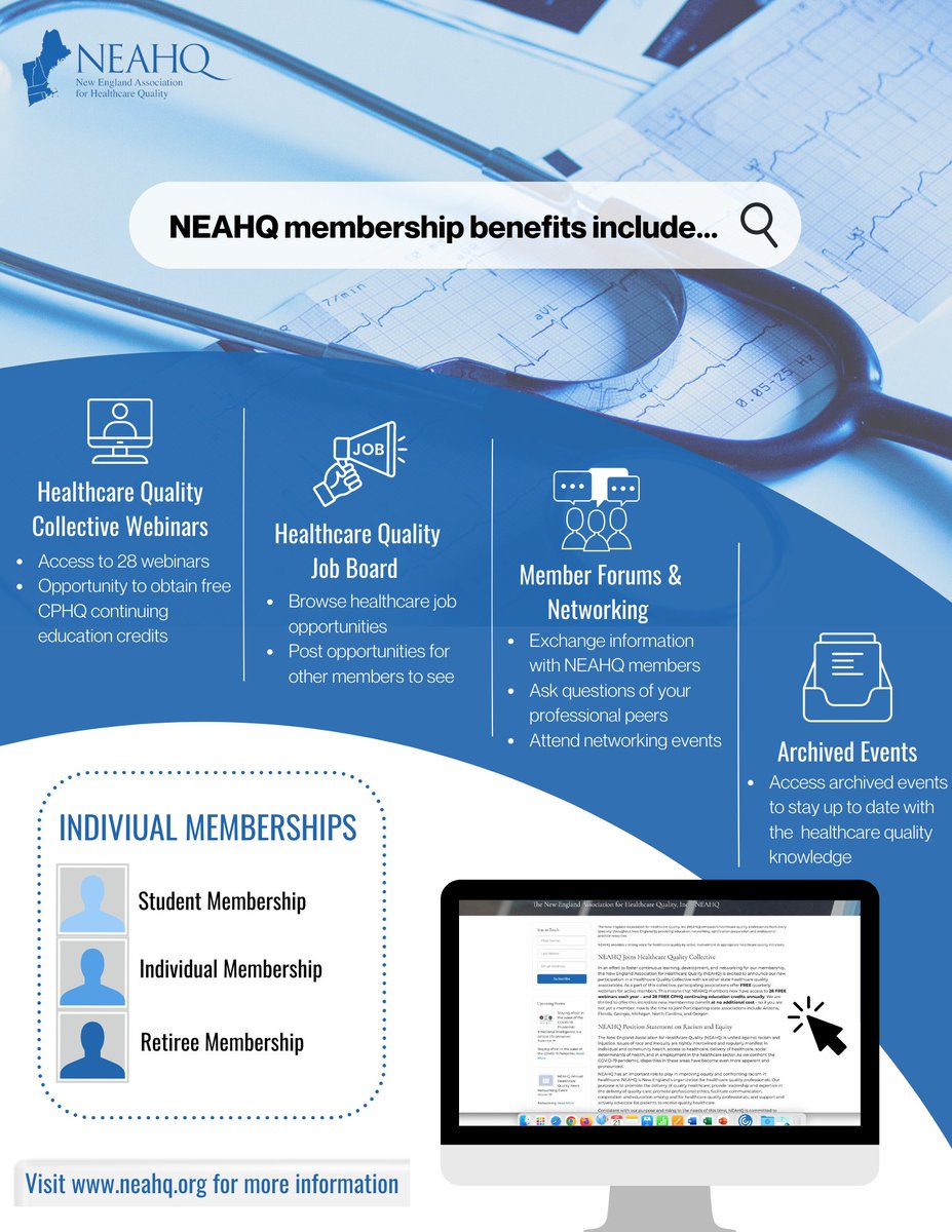NEAHQ1975's tweet photo. Interested in joining NEAHQ? Check out the membership benefits below! NEAHQ members have access to webinars, a healthcare quality job board, networking opportunities, and much more! Visit https://t.co/eP9KY9tcUF for more information. https://t.co/ik2dlUob8X