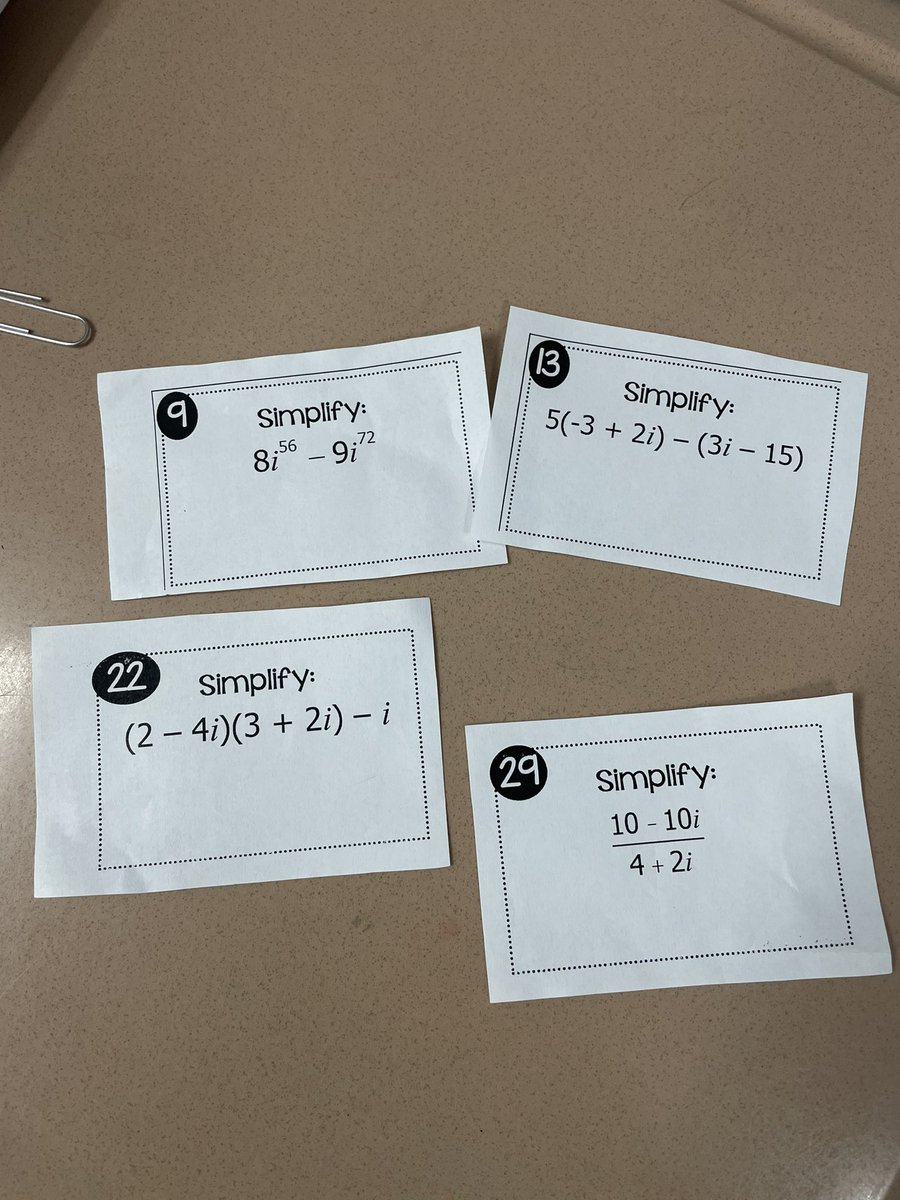 Operations with complex numbers using #VNPS. Each group got a card and simplified their expression. If they got it right, I gave them another card but told them another student must write on the board!