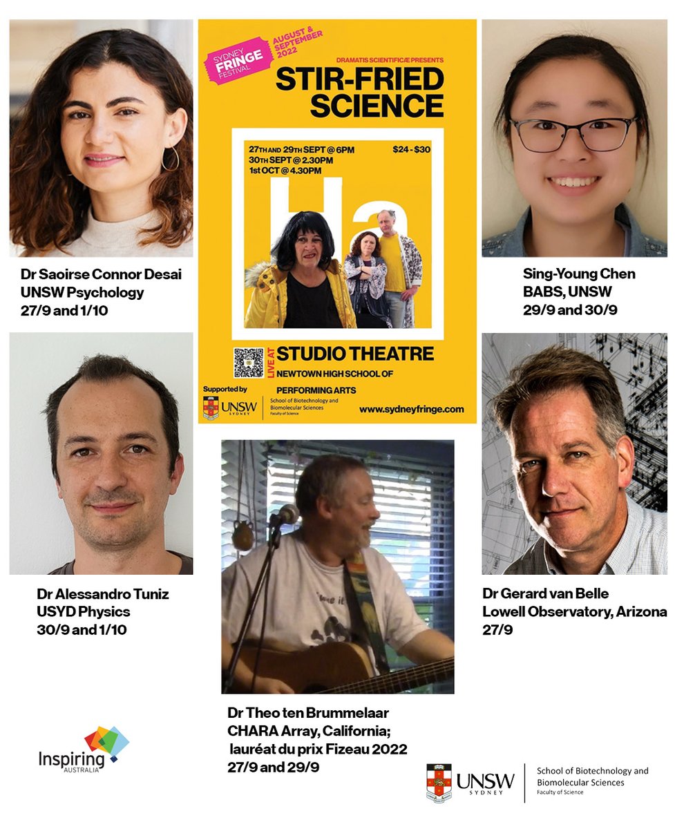 Second show tonight at 6! Plenty of seats left:) Opening night was a blast!
Tonight's guest appearances: Dr Theo ten Brummelaar, Dr Gerard van Belle and Sing-Young Chen.
Tickets:
sydneyfringe.com/events/stir-fr…
Proudly supported by UNSW School of Biotechnology and Biomolecular Sciences