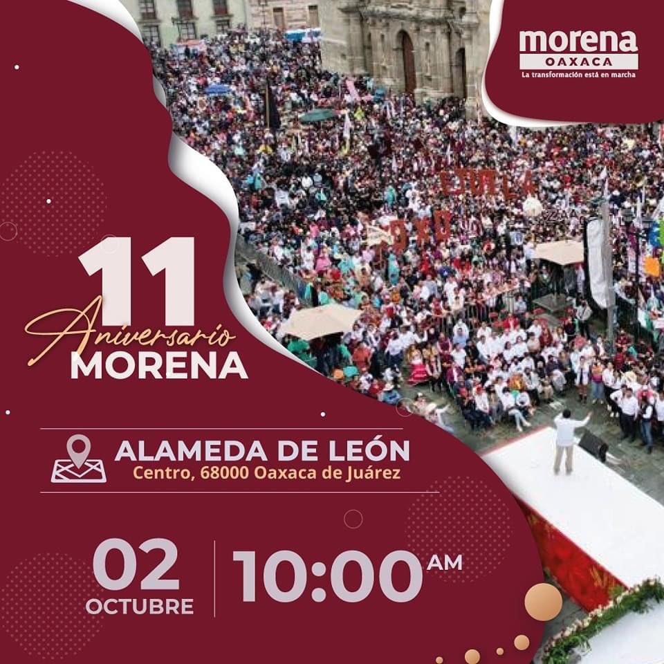 blancaluzmtz's tweet photo. Estamos de fiesta, @PartidoMorenaMx cumple 9 años desde su fundación, el partido del pueblo y de la conciencia, felicidades a este gran movimiento de regeneración. Los invito a celebrar este día histórico, junto a nuestro @MorenaOaxaca1, acompáñenos este próximo domingo 2 de Oct. https://t.co/lFzO4P0fvW
