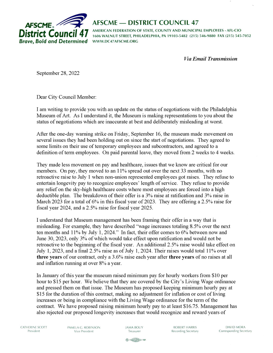 PhillyCWU's tweet photo. Remember we filed a charge asserting @philamuseum management broke federal law for, among other things, misrepresenting union negotiations in staff emails? Well...

Today, our union @PHLafscmeDC47 Pres. Scott wrote to @PHLCouncil about new claims PMA management is making (thread) https://t.co/r8Q1rqzwEw