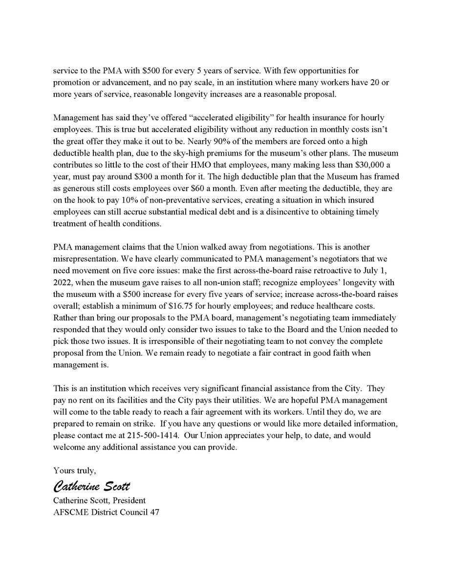 PhillyCWU's tweet photo. Remember we filed a charge asserting @philamuseum management broke federal law for, among other things, misrepresenting union negotiations in staff emails? Well...

Today, our union @PHLafscmeDC47 Pres. Scott wrote to @PHLCouncil about new claims PMA management is making (thread) https://t.co/r8Q1rqzwEw