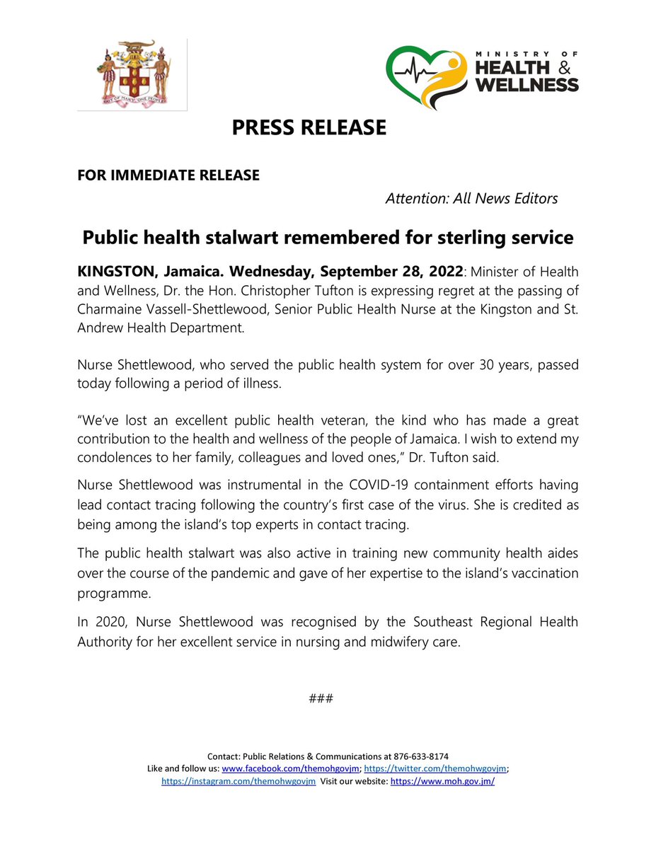themohwgovjm's tweet photo. Minister of Health
and Wellness, Dr. the Hon. Christopher Tufton is expressing regret at the passing of Charmaine Vassell-Shettlewood, Senior Public Health Nurse at the Kingston and St.Andrew Health Department. @christufton @julietcuthbert https://t.co/D7EgyP0yok