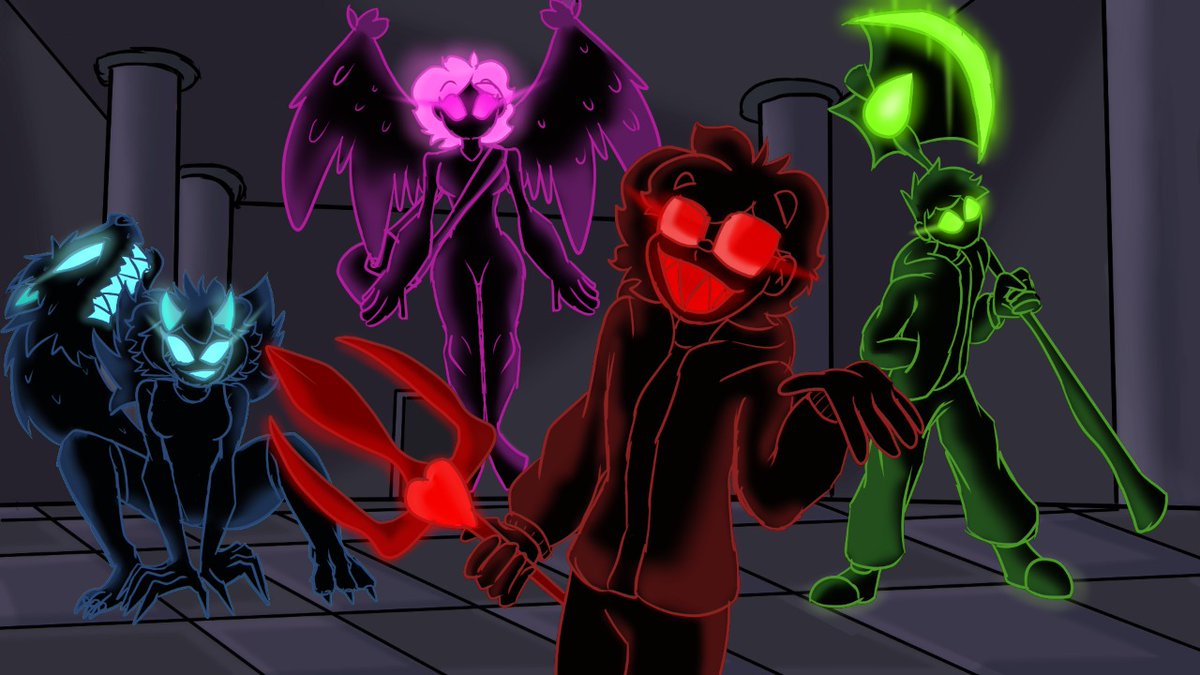 aforero2002's tweet photo. 💚💙💖🖤
•
•
•
•
•
•
•
#characterdesign #nigthmaremode #ocs #axe #indicross #wolf #tail #wings #pink #red #green #blue #shiningeyes #aura #trident #lastcorridor #glasess #heartbeat #darkness #friendsoc #undertale #undertalereference https://t.co/zPLSIbiq4O