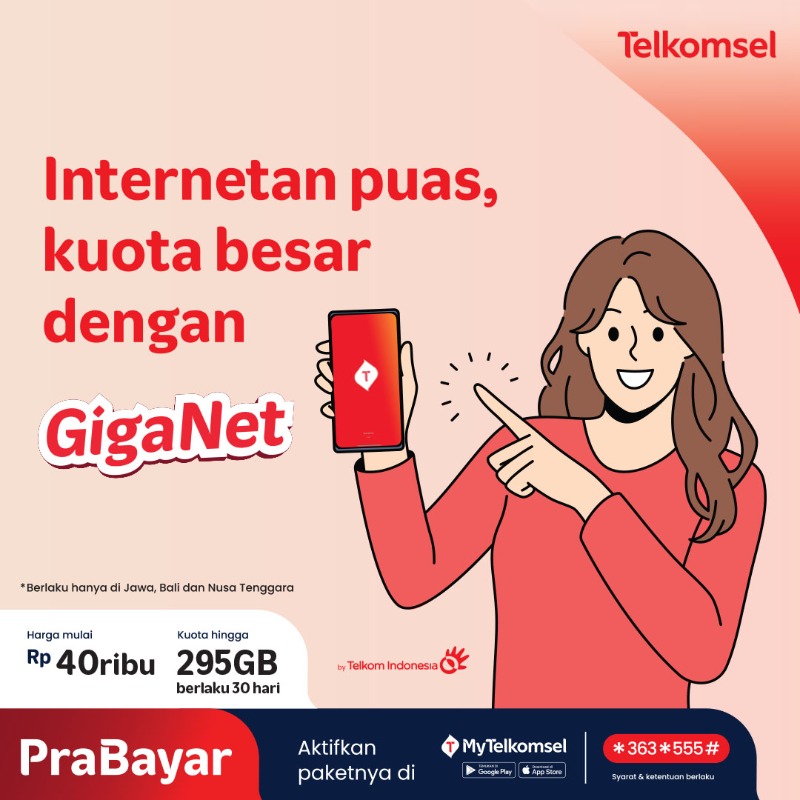TelkomselArea2's tweet photo. Ingin internetan sepuasnya dengan kuota besar? Segera aktifkan paket GigaNet di MyTelkomsel atau *363*555# dan dapatkan kuota hingga 295GB mulai dari 40k. SKB