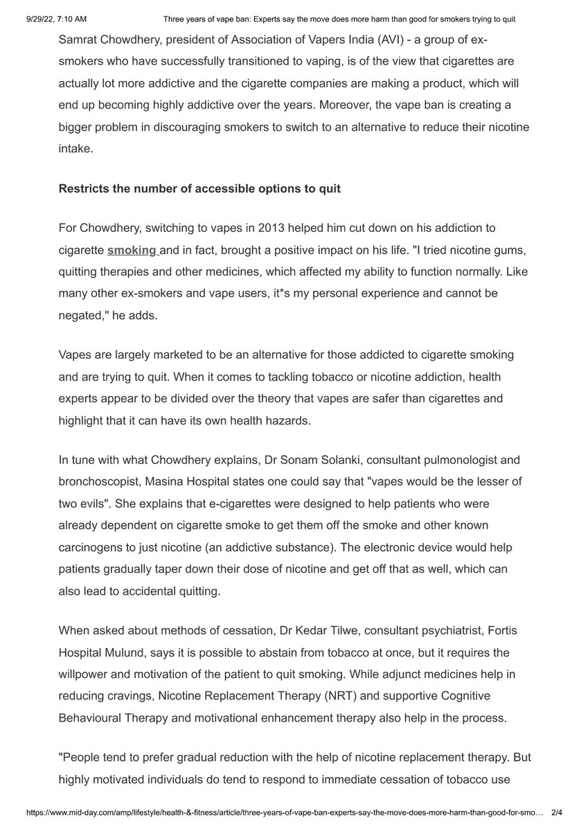 vapeindia's tweet photo. AVI director Samrat Chowdhery speaks to Mid-day on how the vape ban is making the situation worse. Text below as the article is behind paywall: https://t.co/xC6gjANmkI https://t.co/ha0icTkcPW
