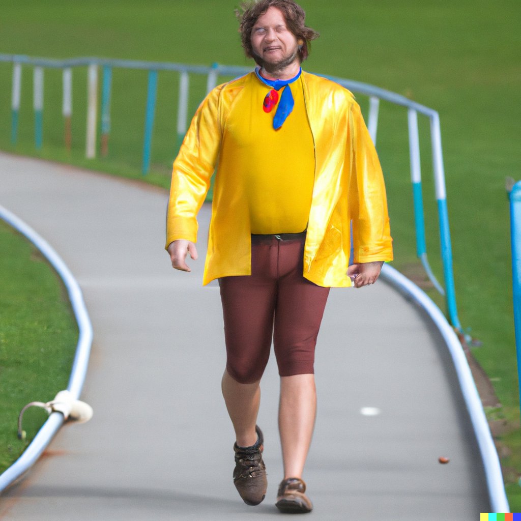 nclds's tweet image. @hotdogsladies @johnroderick Re: John's Walks -&amp;gt; DALL-E: "John Roderick of The Long Winters walking on a running track in a yellow fisherman's outfit" 

+ Bob's, Seuss, Goldenbook styles 

I can't stop making new ones! :)
