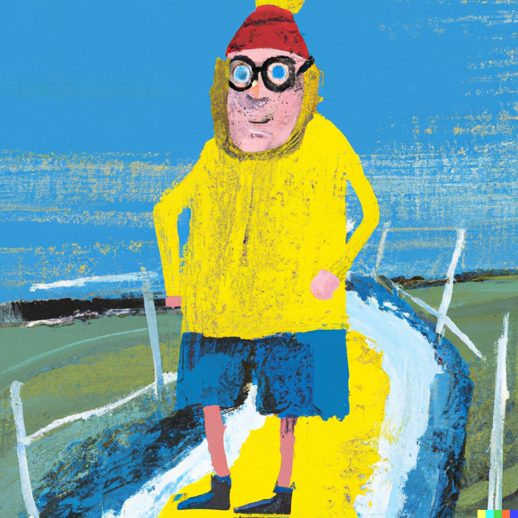 nclds's tweet image. @hotdogsladies @johnroderick Re: John's Walks -&amp;gt; DALL-E: "John Roderick of The Long Winters walking on a running track in a yellow fisherman's outfit" 

+ Bob's, Seuss, Goldenbook styles 

I can't stop making new ones! :)