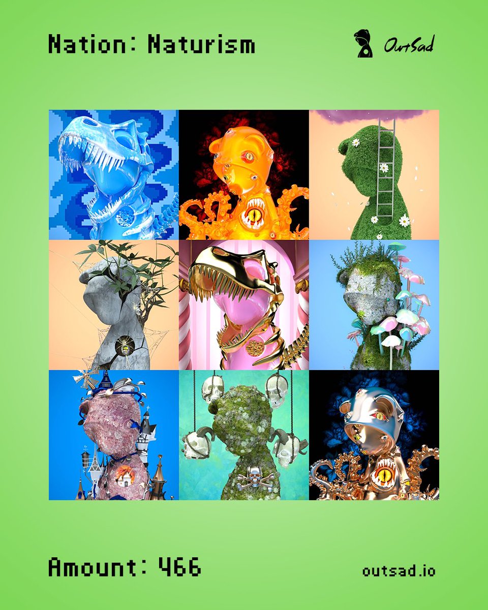 OutsadNFT's tweet photo. The nation of Naturism is a tribute to mother nature. Walk through the deep dark and walk toward the light. From the Jurassic age to the ocean of Cthulhu, nature is calling. 🐙🦕🦖🍂🍄☠️ #OutSad https://t.co/4nIds7wrD4