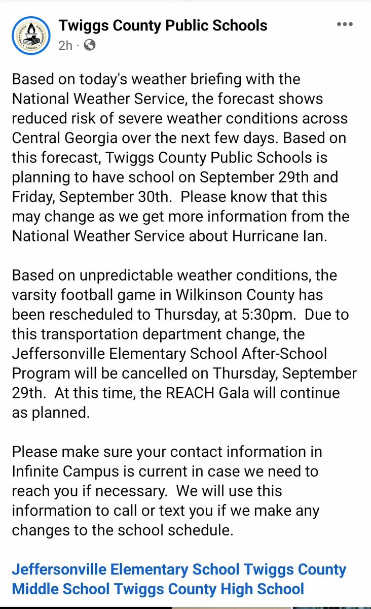 TCPSOfficial's tweet photo. #twiggscounty FYI here's a District Status Update as of Sept 28, 2022 re: #HurricaneIan 

#cobranation #schoolupdates #retweet #tcpsofficial https://t.co/cpq963hfhP