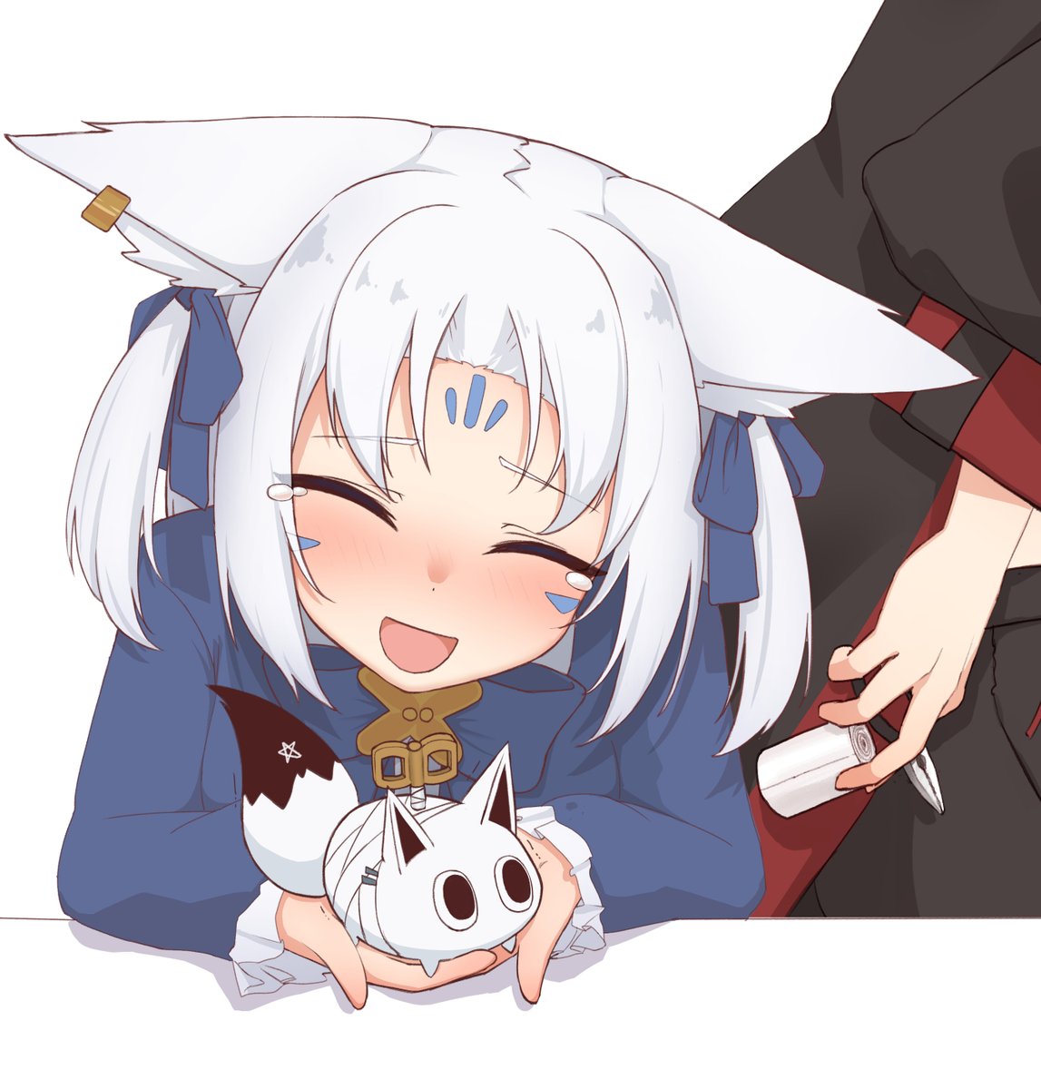 animal ears white hair fox ears holding closed eyes twintails fox girl  illustration images