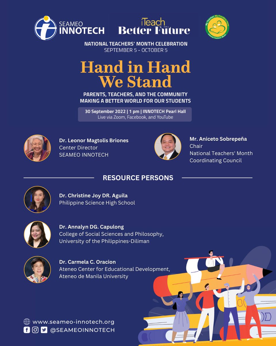 SEAMEOINNOTECH's tweet photo. Join Dr. Annalyn De Guzman Capulong, Dr. Carmela C. Oracion, and Dr. Christine Joy DR. Aguila as they look back on the challenges and wins of teachers, parents and the community during this pandemic.
#MyTeacherMyFrontlineHero #ThankYouTeacher #NTM2022 #HandInHandWeStand https://t.co/zaPLBfd1Ql