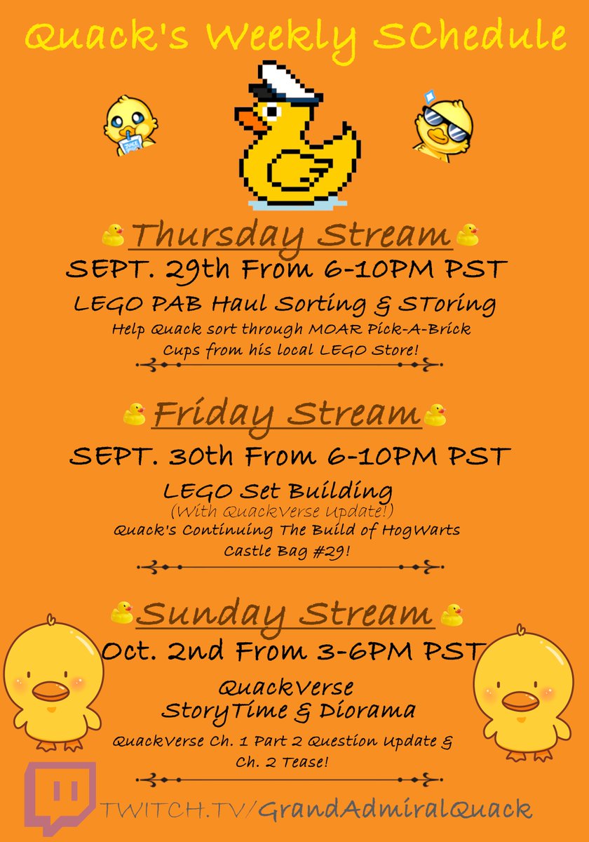 GrandAdmQuack's tweet photo. Quackers, the time has come.... it is October, and we have many things to fulfill! join me starting Thursday (6pm) and lets prepare for the finalization of Ch. 1 #QuackVerse https://t.co/TsGEB61ooh #twitch #smallstreamer #LEGO #AFOL #mentalhealth #1ChipChallenge #TrickorTreat https://t.co/YByc3Dljvk