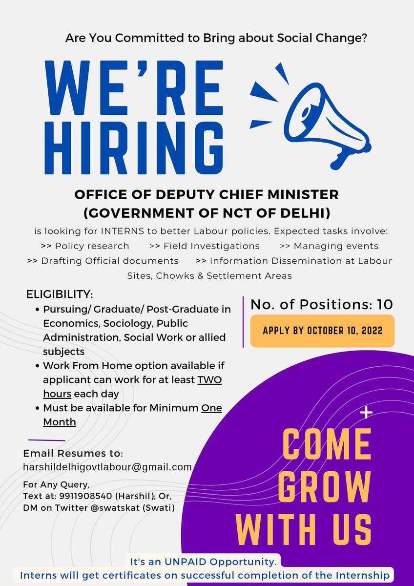 Attention, Young Minds! 🤩
Here's Your chance to assist us in improving the Labour policies & Lives in Delhi.

Tweeters, Circulate max please!!!

#internship #internshipopportunity #PublicPolicy #delhigovernment #SocialSector