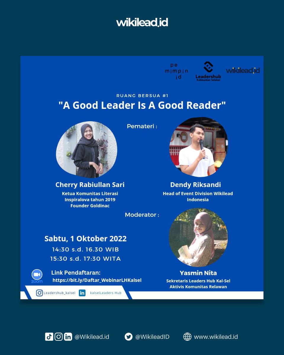 WikileadID's tweet photo. [RUANG BERSUA #1]

Kenapa ya Pemimpin itu erat kaitannya dengan Literasi? 🤔

Halo teman-teman Pemimpin!
Yup nantinya di acara Webinar kali ini kita akan membahas hal terkait Kepemimpinan dan Literasi, sesuai tema kita kali ini "A Good Leader Is A Good Reader" https://t.co/bUXl4GJgGh