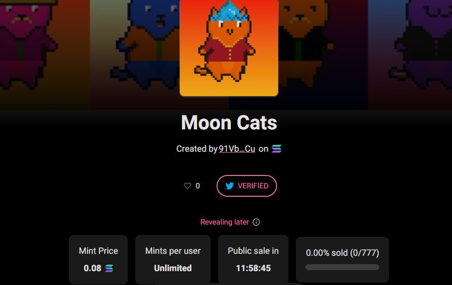 MoonCats_SOL's tweet photo. In 12 hours we will start the mint with 777 Moon Cats NFT's.

Link will be released 30 minutes before the mint.

#MoonCats https://t.co/66tg3IQwZF