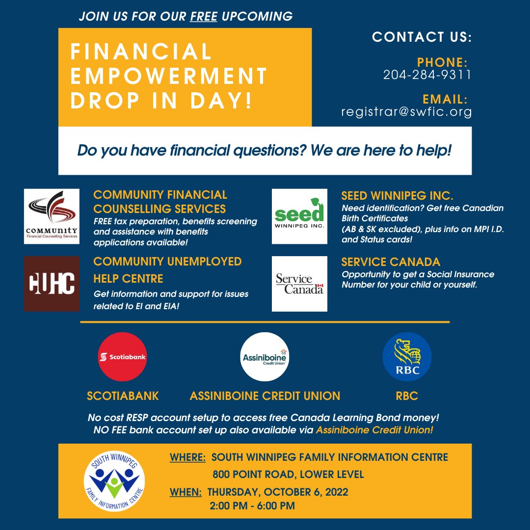 SWFIC1's tweet photo. Do you have financial questions? We are here to help! Free Drop In, No Registration required! Date: Thursday, October 6, 2022. 2:00 pm - 6:00 pm

#resourcecentre #winnipeg #winnipegnonprofit #financialhelp https://t.co/7dPNHAialw