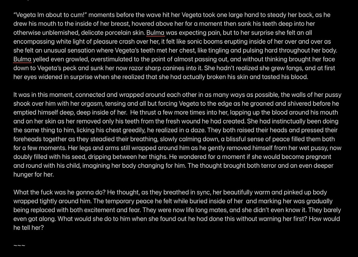vegebulfanfics's tweet photo. Here is the next chapter of the #vegebul #threadfic I wrote last year titled “Tomorrow Is Promised to No One”
Ch 3: “The Ritual”
#smut #hiddenfeelings #matingritual #biting #minorblood #pleasurablepain
4 screenshots total. Next Ch4 will be up before I go to sleep tomorrow 💖 https://t.co/RC66CmtoML