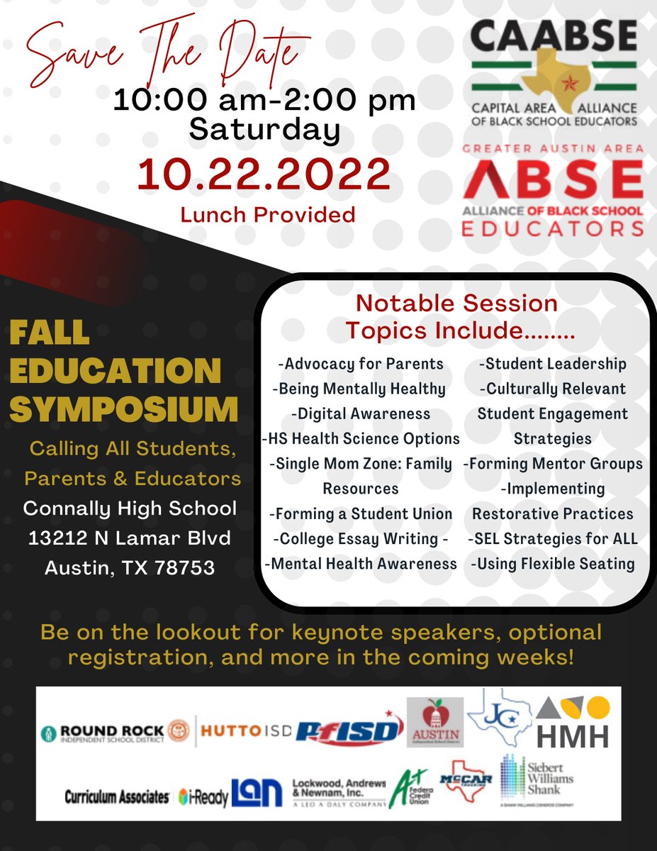 <a href="/GreaterAAABSE/">Greater Austin Area ABSE</a> Attention students, parents, and educators: SAVE THE DATE for our Fall Education Symposium. Check out the session topics- there's something for everyone! More info coming soon...