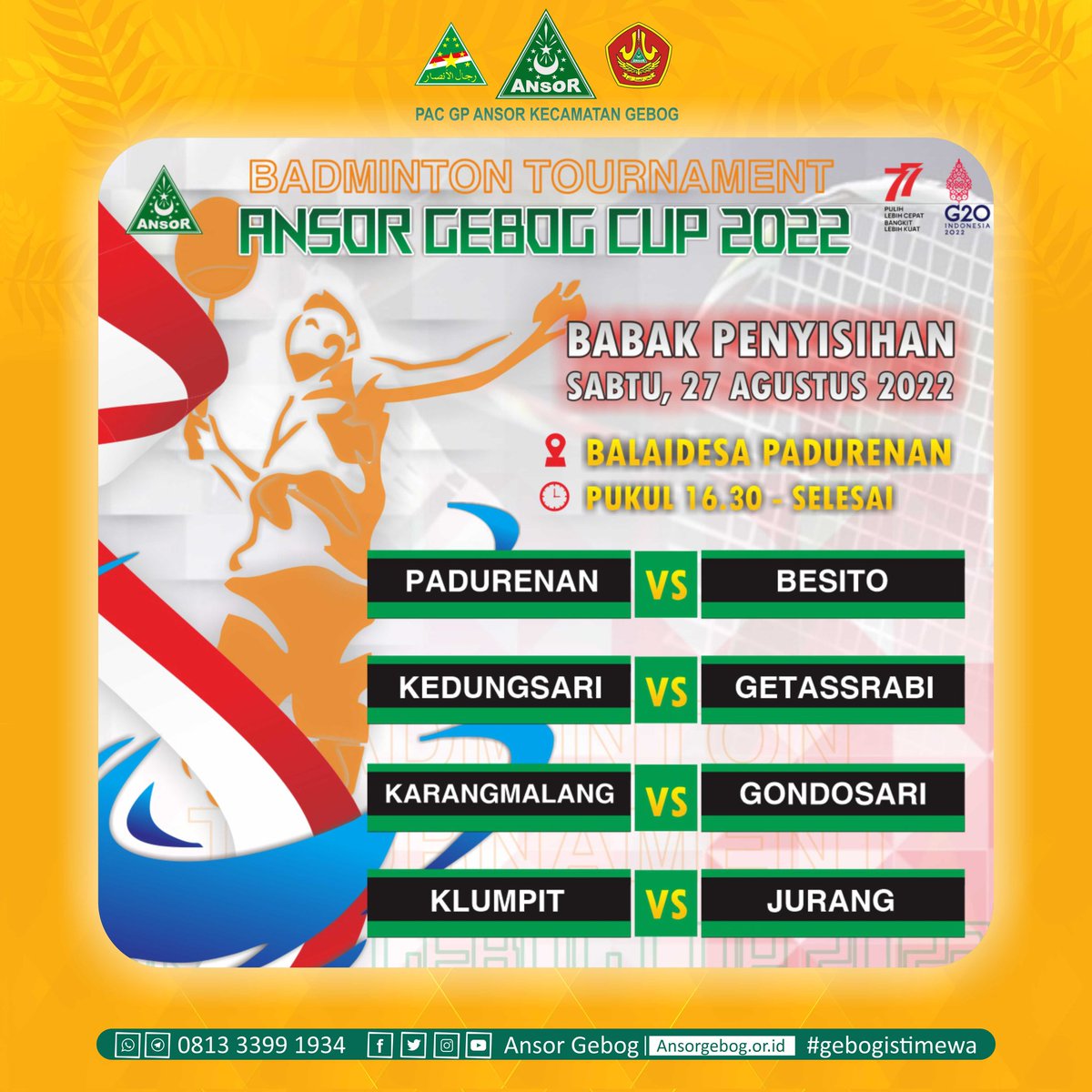 AnsorGebog's tweet photo. Badminton Turnament "Ansor Gebog Cup 2022"

#badminton #ansor #banser #gebog #kudus https://t.co/LeBsu1uQIs