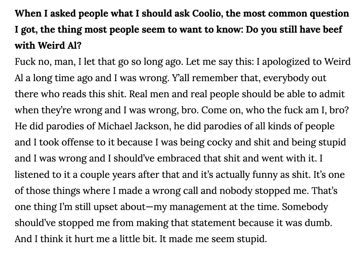 i got to interview coolio one time and you bet i asked him if he was over his beef with weird al.