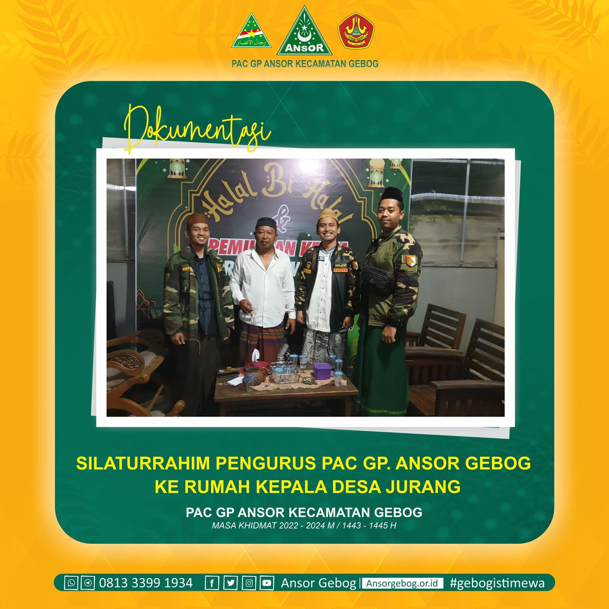 AnsorGebog's tweet photo. [ D e s a  J u r a n g ]

Pengurus Pimpinan Anak Cabang Gerakan Pemuda Ansor Gebog silaturrahmi ke ke rumah Bapak Muhammad Noor Kepala Desa Menawan. 

#ansor #banser #gebog #kudus https://t.co/zdD8L2fiDf