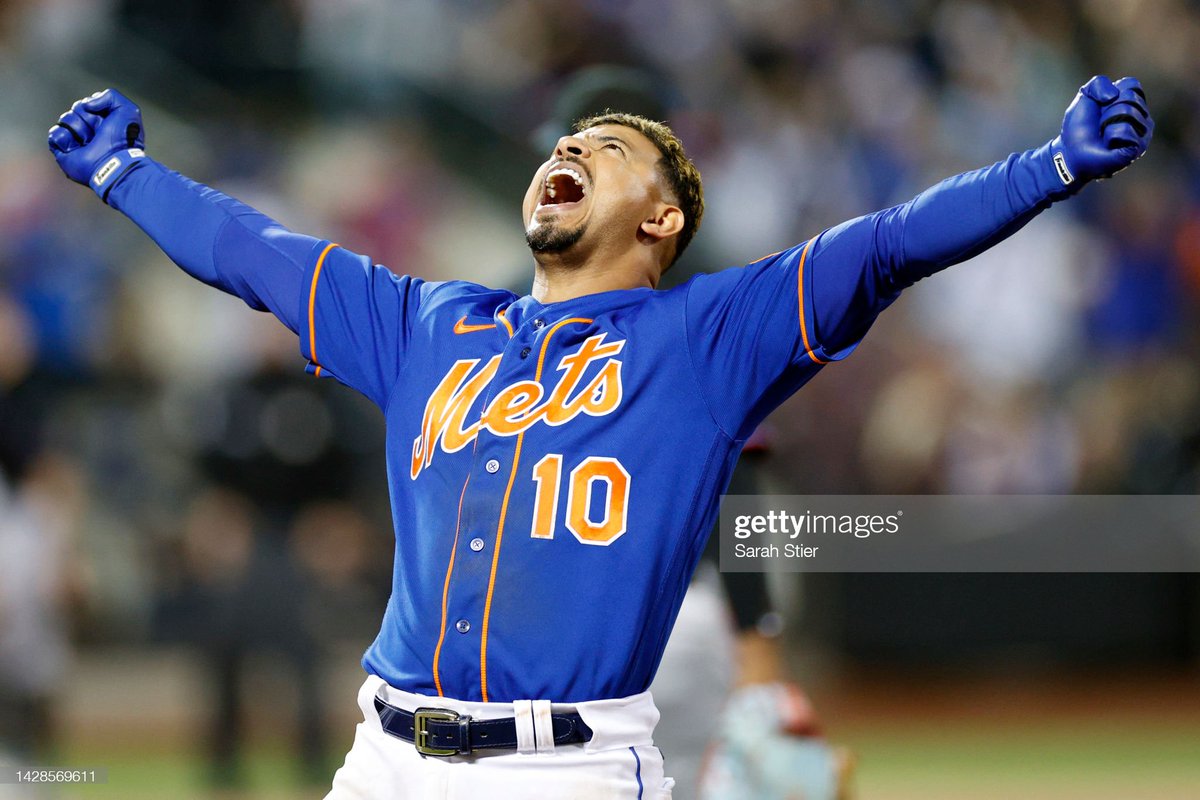 GettySport's tweet image. Eduardo Escobar #10 of the New York Mets reacts after hitting a walk-off RBI single during the tenth inning against the Miami Marlins at Citi Field . The Mets won 5-4 and Escobar drove home all five runs.📷:  @stieriously