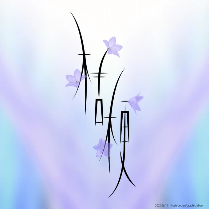久しぶりに園芸店に行ったら桔梗の鉢が並んでいた。桔梗は秋の花? 開花時期が長いんだね。2021年6月の作品。#桔梗#graphicdesign#typography#design 