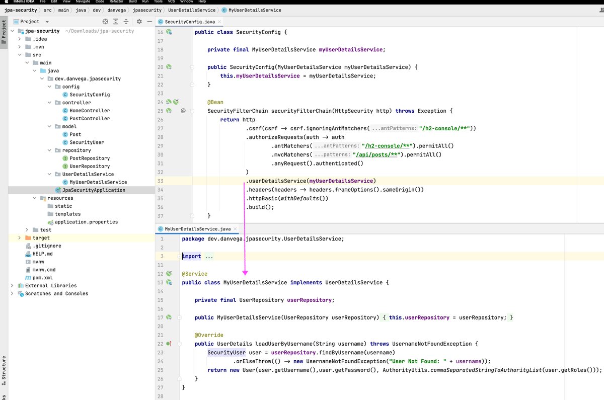 therealdanvega's tweet image. A quick example of how to configure Spring Security 5.7+ to use a custom UserDetailsService. In this example, I am using Spring Data JPA (Entity + CrudRepository) to authenticate the user. #SpringBoot #SpringSecurity #SpringData #Java