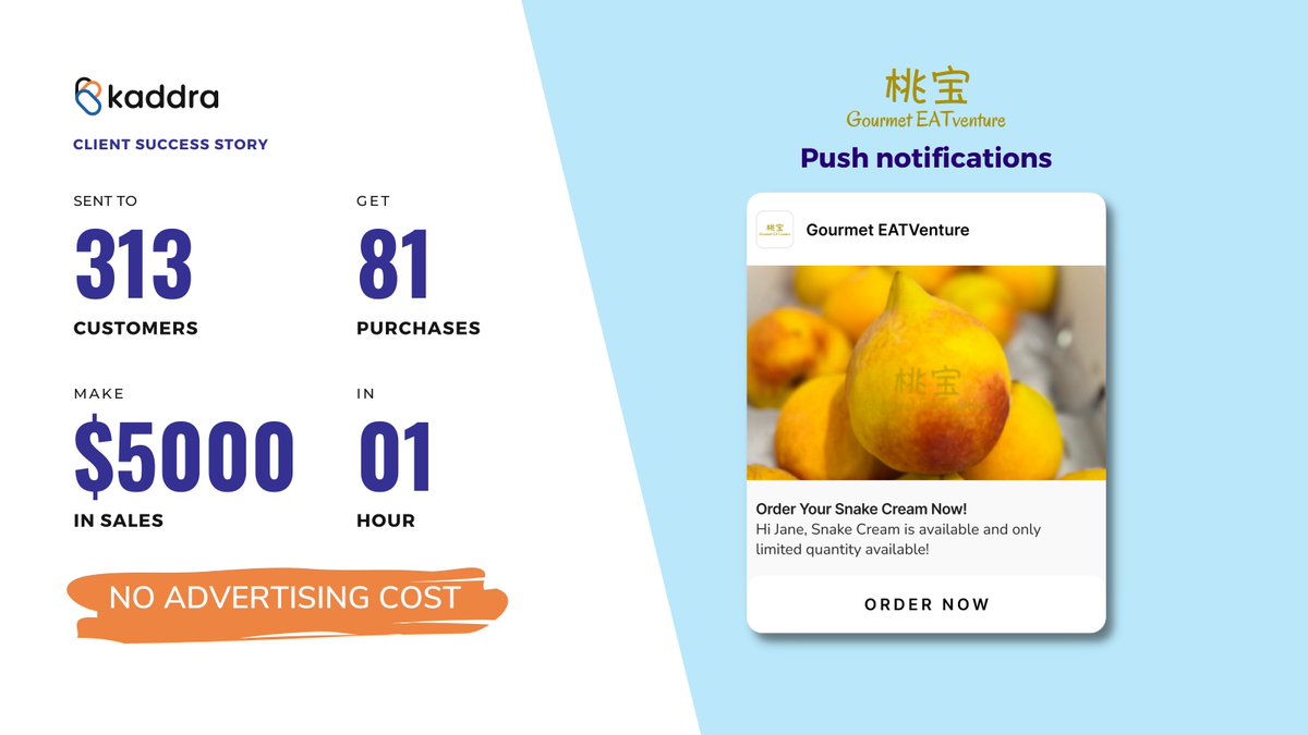 KaddraHQ's tweet photo. Gourmet EATventure run their Snake Cream Campaign with our personalised push notifications and made their new record with NO ADVERTISING COST! 🎉

Be a part of the next generation of marketing today!
Contact us now: https://t.co/5deJrV5aS1

#kaddra #mobileapp #pushnotifications https://t.co/lNNLS7M08H