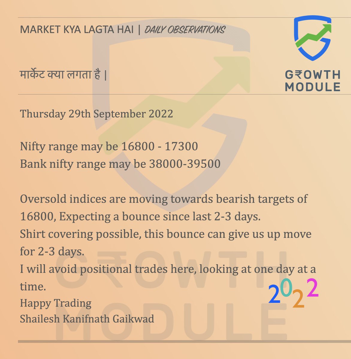 GrowthModule's tweet image. For an anti trend bounce we were looking for a bullish trade for last 2-3 days.
Market has given a shakeout and now moving to form a lower high.
Remember we are in a down trend so not looking at positional trade, bounce can be traded intraday.
#nifty #banknifty