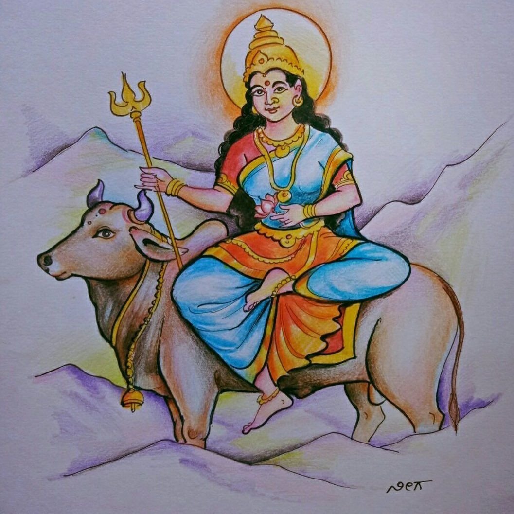 Shailajata: Durga, who was born as daughter of ParvataRaja the king of mountains. She is also known as Parvati and is worshipped on day 4. #Navratri
