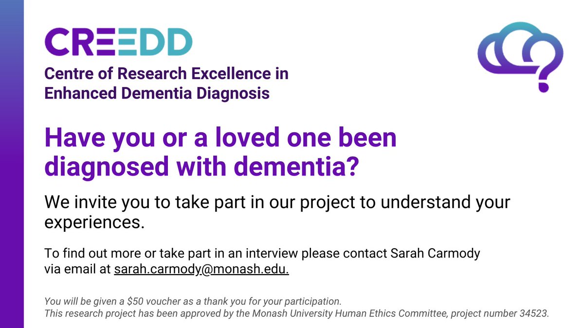 Dr Darsh Ayton (@darsh_ayton) on Twitter photo We are doing interviews to understand #dementia diagnosis experiences in Australia.
We invite you to take part in a 40-60-minute interview and storytelling exercise. <a href="/carmody_sarah/">Sarah Carmody</a> We are doing interviews to understand #dementia diagnosis experiences in Australia.
We invite you to take part in a 40-60-minute interview and storytelling exercise. <a href="/carmody_sarah/">Sarah Carmody</a>