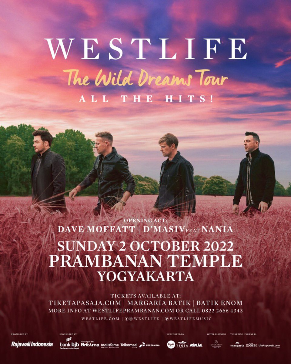 allyoucanart's tweet photo. Hey dabs!

RAJAWALI INDONESIA Present
WESTLIFE

“The Wild Dreams Tour” 
All the Hits @westlifemusic

Sunday, 2 October 2022
at Prambanan Temple Yogyakarta

Opening act;
@DaveMoffattM 
@DMASIV feat Nania Yusuf

More info;
@RajawaliIndo

Gas dabs!
#allyoucanart #rajawaliindonesia https://t.co/NZ0ZmOmiCL