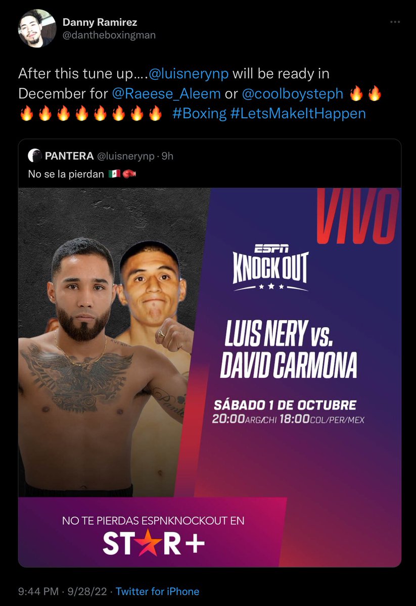 rangerrollins's tweet photo. Stephen Fulton, Luis Nery, & Ra’eese Aleem getting a little tense with the twitter fingers as 122 stays a boiling hot division at the moment… #NeryCarmona #ESPNKnockout #GraciasJackie #FultonNery #FultonAleem https://t.co/jEgq8T3jiS